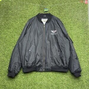 Vintage Corvette Jacket Mens 3XL Black Nylon Lined Embroidery Logo Zip Up Lined